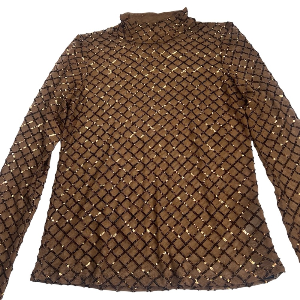 Anthropologie PILCRO Bronze Sequin Mesh Long Sleeve Turtleneck Top Medium NWT - Picture 6 of 16